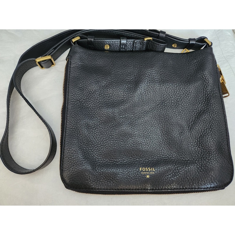 EXPANDABLE Fossil Preston Black Pebbled Leather Crossbody Bag EUC Purse Shoulder